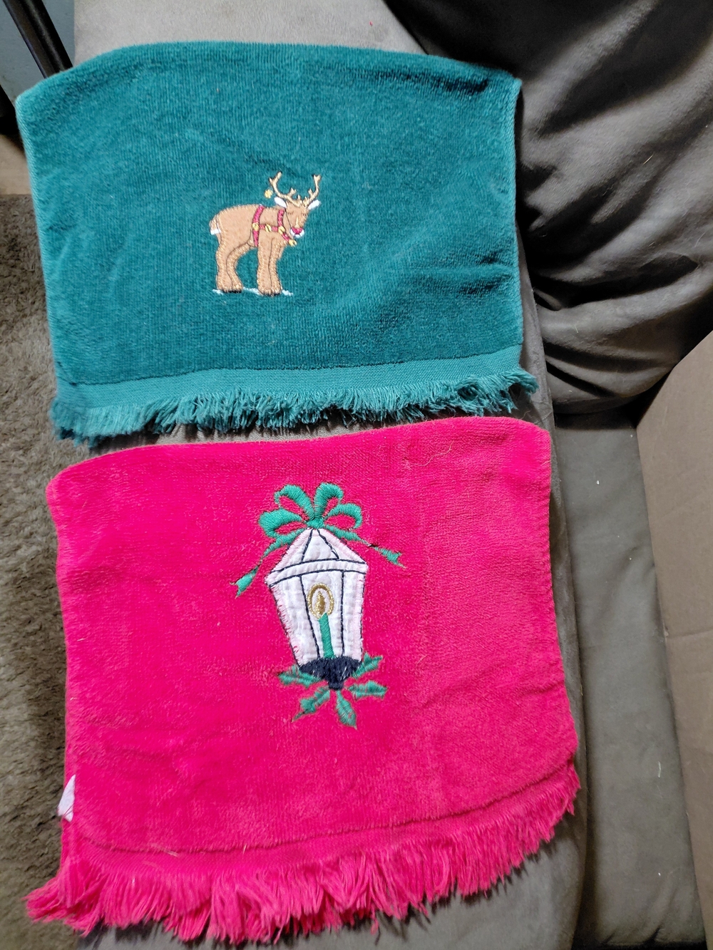 Holiday Embroidered Reindeer and Lantern Accent Hand Towels